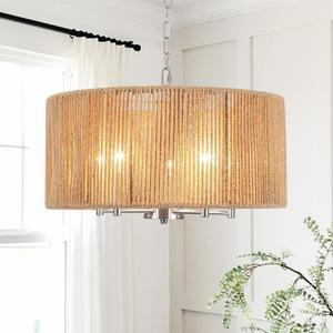 Rattan Chandelier for Dining Room, 5-Light Large Farmhouse Chandeliers Hand Woven Boho Pendant Light Fixture, 19'' Brushed Nickel Wicker Chandelier for Foyer Hallway Bedroom Kitchen Living Room