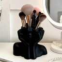 1 Cute Face-Shaped Makeup Brush Holder Relaxing Resting Pose, Artistic Desktop Accessory, No Assembly Required, Lightweight PVC (Black)