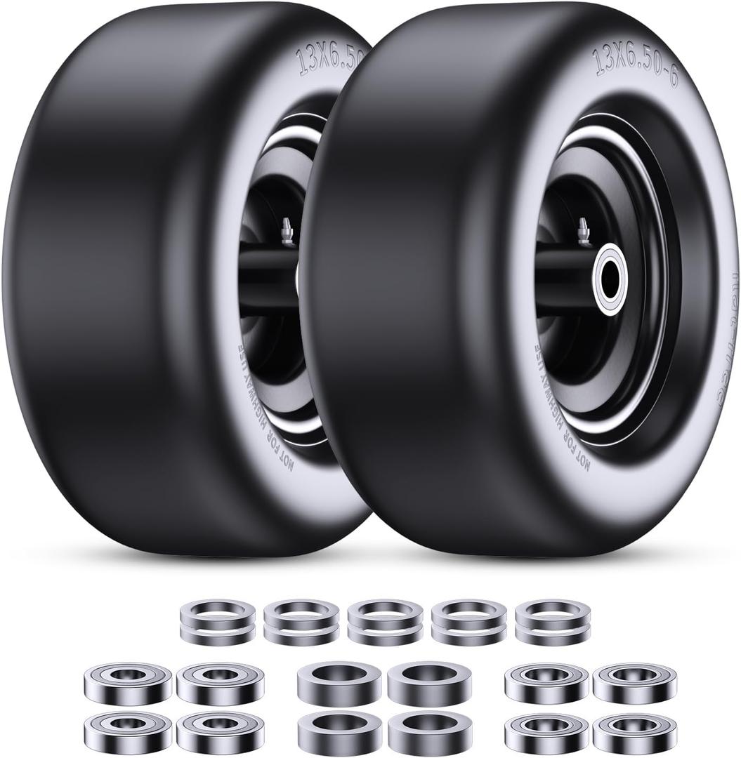 Ronpow P13x6.50-6 Lawn Mower Tires Flat Free, Zero Turn Mower Front Tires for Residential and Commercial, 13x6.5-6 Flat Free Tire and Wheel, 3/4" & 5/8" Bearing, 3.25"-7.65" Center Hub, 2Pack Gray 