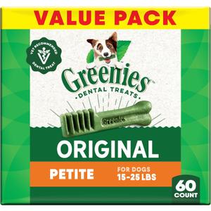 Greenies Veterinarian-Recommended Adult Natural Dental Dog Treats Petite Size, Original Flavor, 36 oz. Pack, 60 Count (EXP 02/18/27)