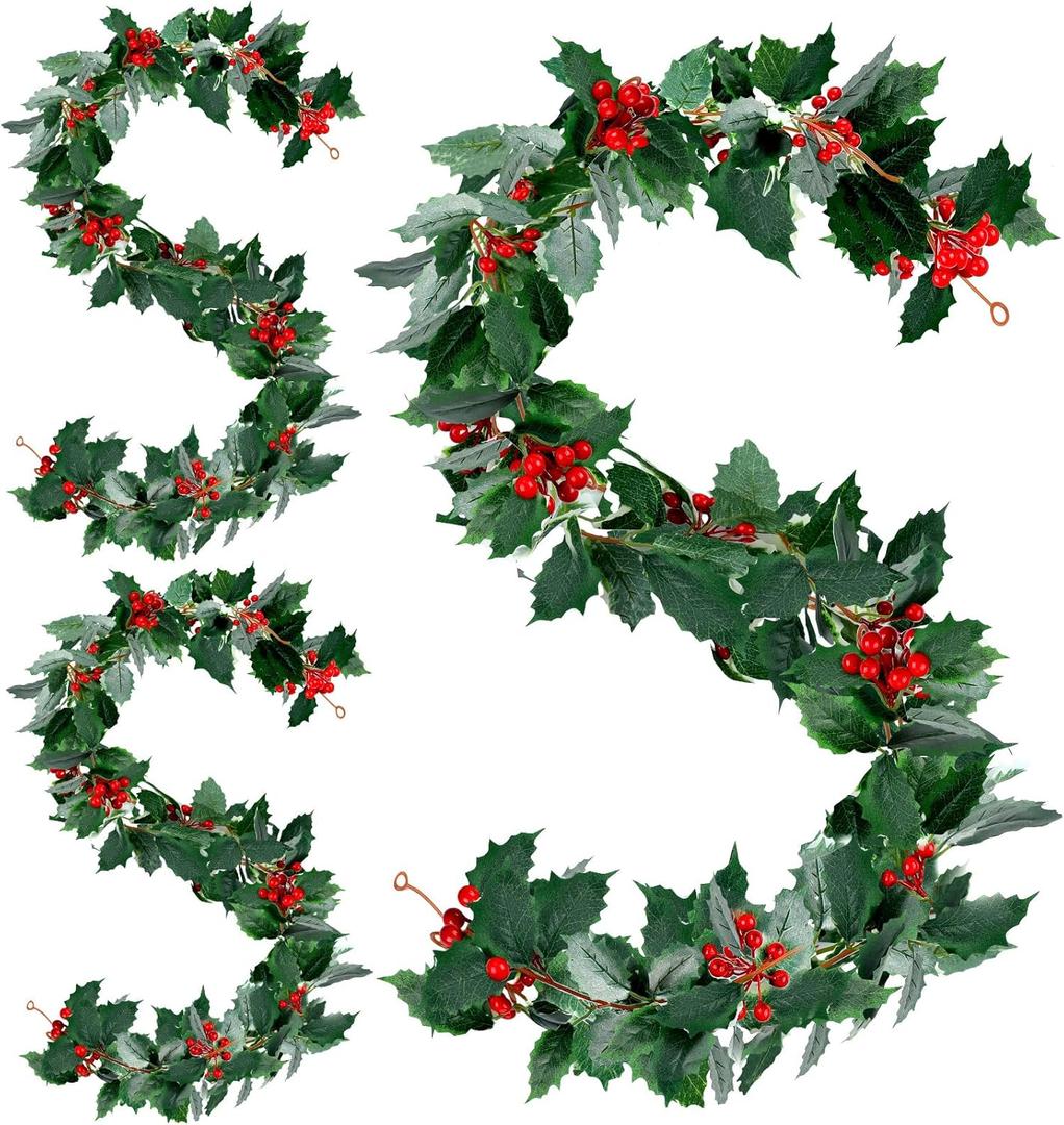 3 Pieces Christmas Garland Red Berry Green Garland 5.7 ft Artificial Christmas Red Berry Flower Vine Winter Holly Leaves Outdoor for Fireplace Home Decor(Green)