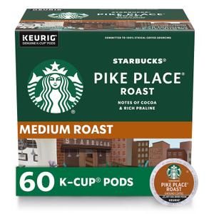Starbucks K-Cup Coffee Pods, Medium Roast Hot or Iced Coffee, Pike Place Roast, 60 Keurig Pods (EXP 08/19/26)