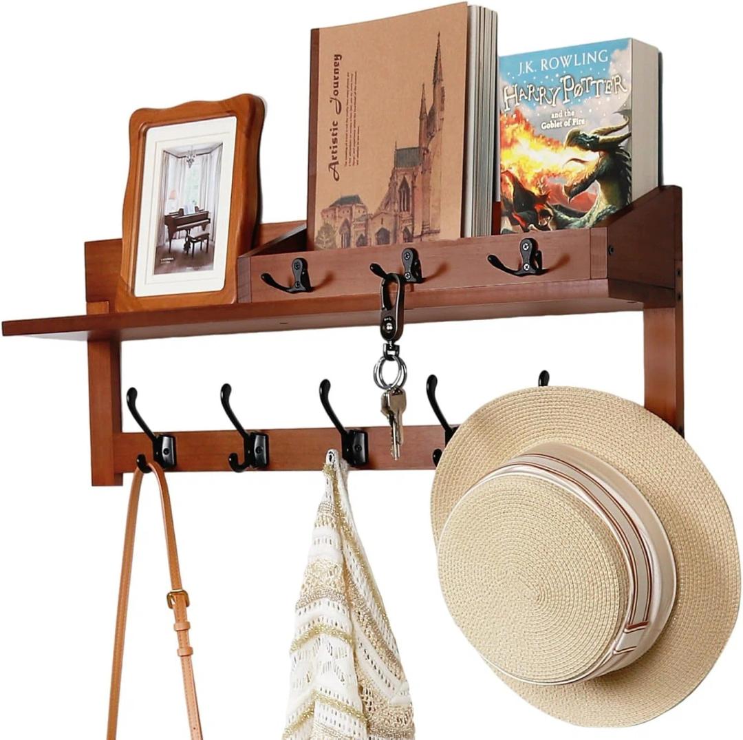 Exper City Coat Rack Wall Mount with Shelf, 26IN Wooden Coat Hanger Hooks Wall Mount with 8 Metal Hooks, Hanging Shelf with Hooks, Wood