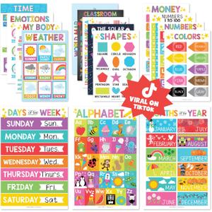 Hadley Designs 16 Educational Posters for Classroom & Kindergarten, Kindergarten Classroom Must Haves, Laminated PreK Learning Chart Materials US & World Map, ABC Alphabet, Shapes, Days of the Week