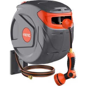 100FT Retractable Garden Hose Reel 1/2 Inch with 9-Pattern Nozzle - Automatic Slow Return & Any Length Lock, Wall Mounted Heavy Duty Hose Reels for Outside, 180 Swivel UV Resistant