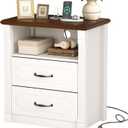 Farmhouse Tall Night Stand with Charging Station, Wood Bed Side Table with 2 Drawers and Open Shelf, Rustic End Table with Roman Column Design for Bedroom Living Room, White & Brown