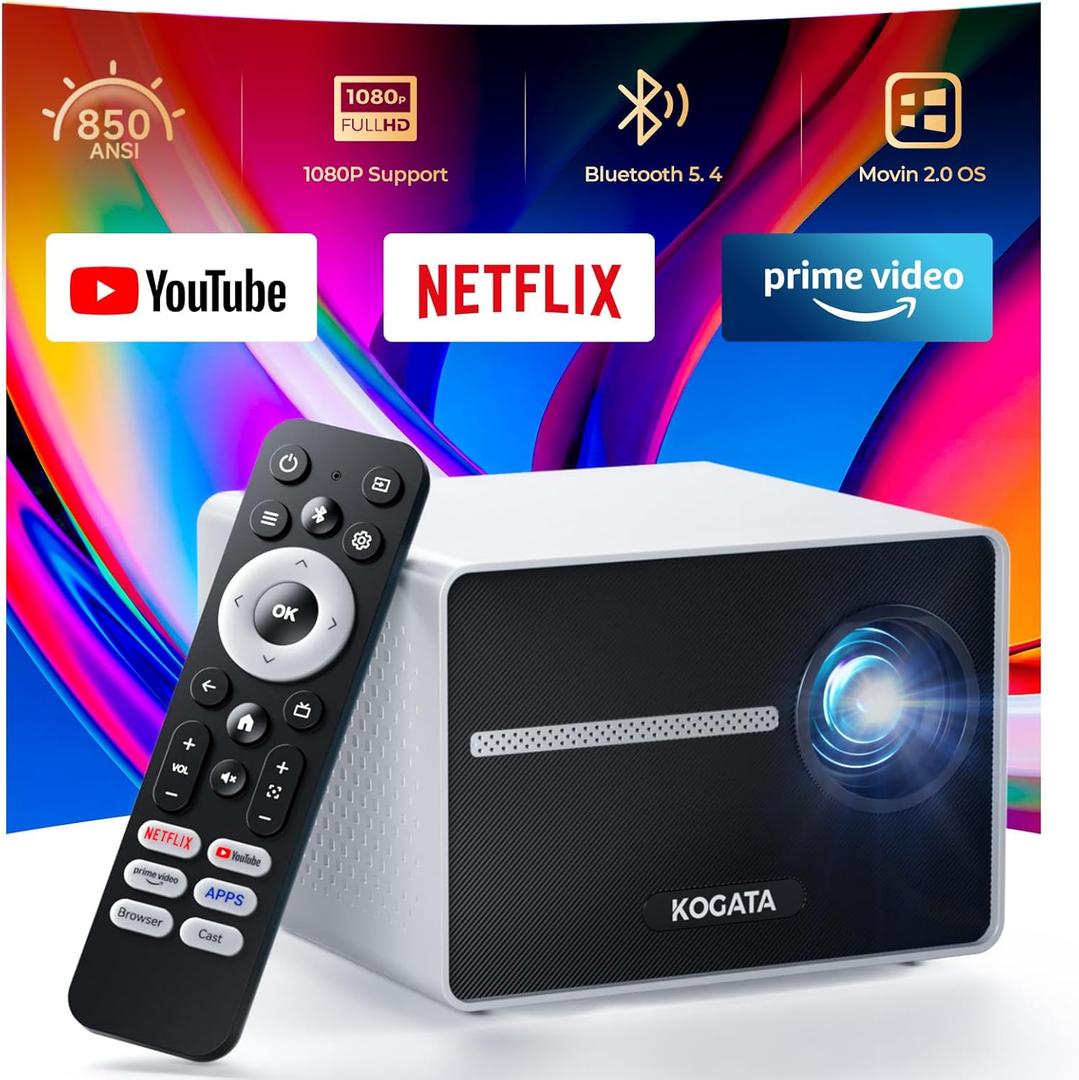[850ANSI/Built in Apps] Portable Mini Projector with WiFi and Bluetooth, Kogata Outdoor Movie Proyector, Electric Focus/4P Keystone/HDR10, 1080P HD Projector for Bedroom Home Theater