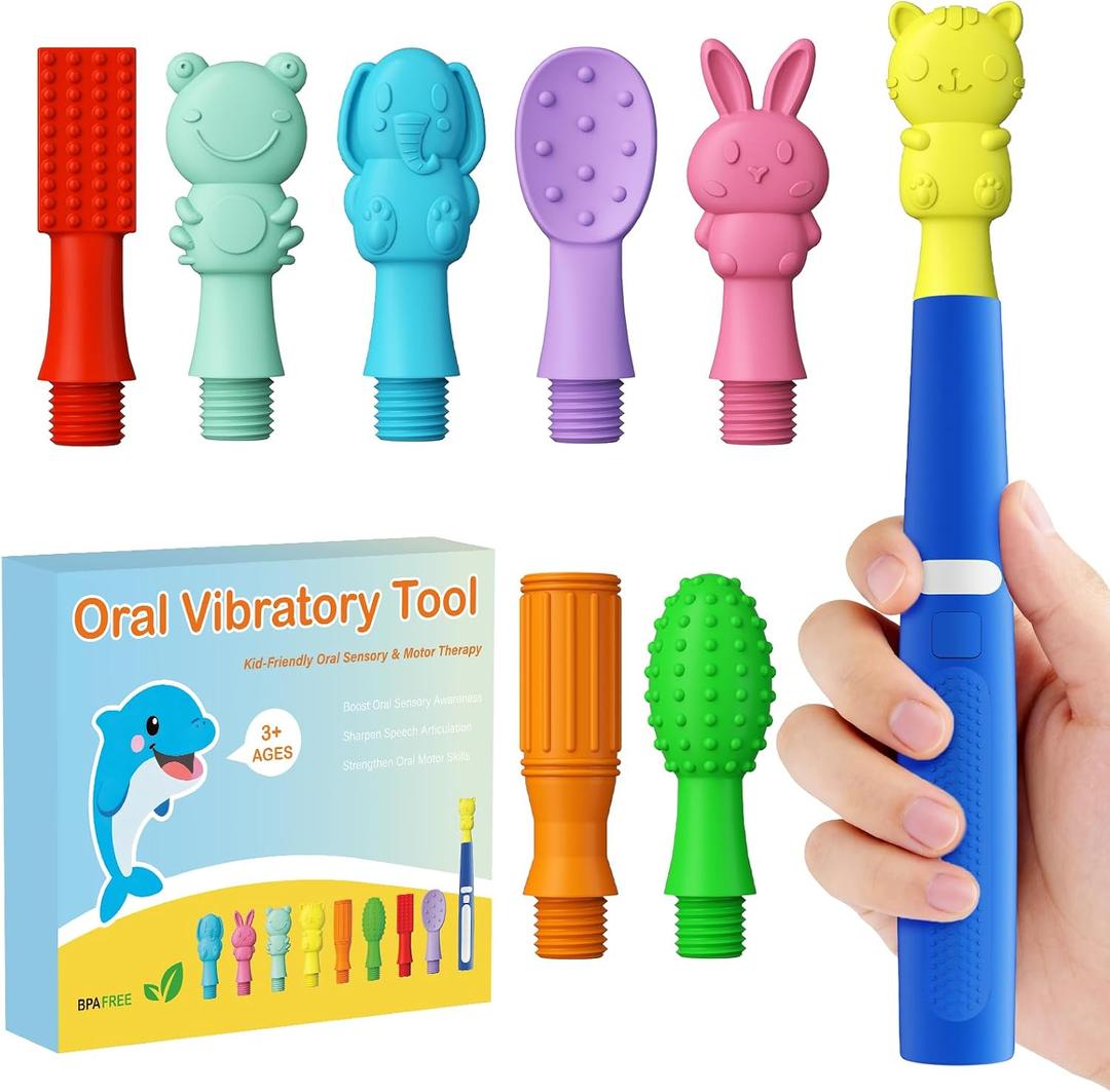 Oral Sensory Vibration Tool Oral Motor Sensory Stimulation Kit with 8 Textured Silicone Heads, 3 Vibration Modes for Autism, Speech Therapy, Self Feeding Stimulation & Calm Sensory Needs - Blue