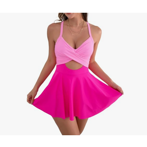 B2prity Women Cutout One Piece Skirt Swimsuit V Neck Wrap Tie Back Swimdress Tummy Control Bathing Suits, XL