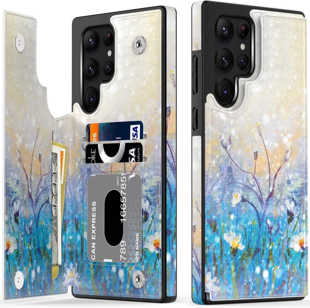 LETO Galaxy S23 Ultra Case,Folio Leather Wallet Case Cover with Fashion Designs for Girls Women,Card Slots,Protective Phone Case 6.8" White Flowers Blue Purple