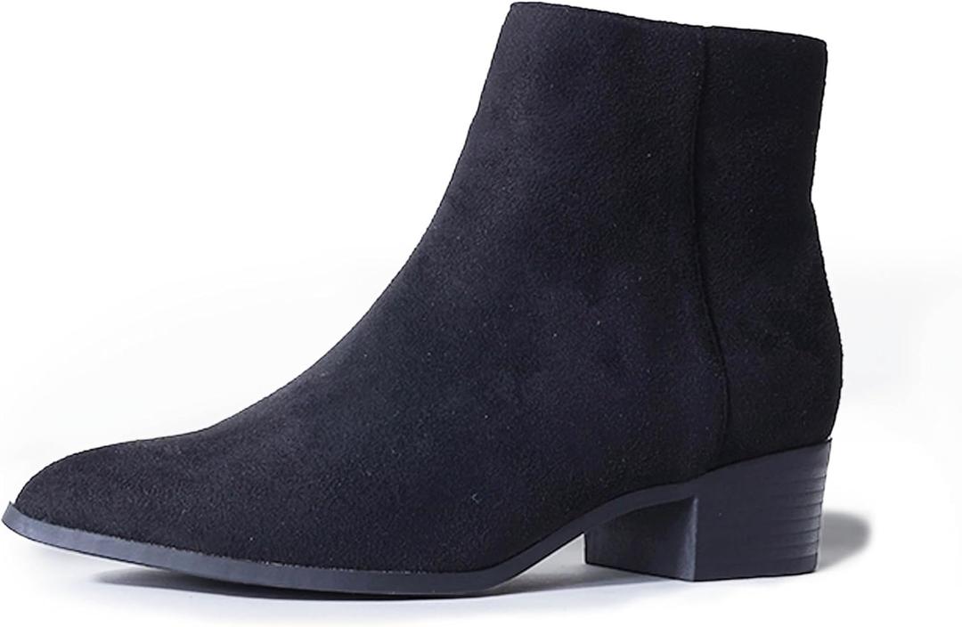 J. Adams Women's Viper Ankle Boots - Short Chunky Low-Heel Pointed-Toe Block Booties, Comfortable and Stylish for Everyday Wear (5.5, Black Vegan Suede)
