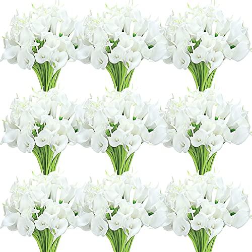 Janinka 60 Pcs Artificial Calla Lily Flowers Bulk Realistic Silk Calla Lilies Bouquet, 14 Inch Faux Flowers for Wedding, Home Decor, Party Centerpieces, Waterproof PU Material (White)