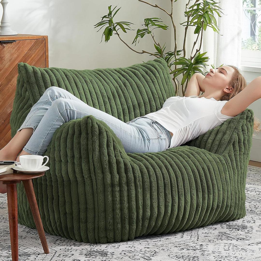 Giant Bean Bag Chairs for Adults Teens with Filling Large Fluffy Bean Bag Chair with Armrests Plush Comfy BeanBag Couch Sofa Chair for Bedroom Living Room Reading (Green)