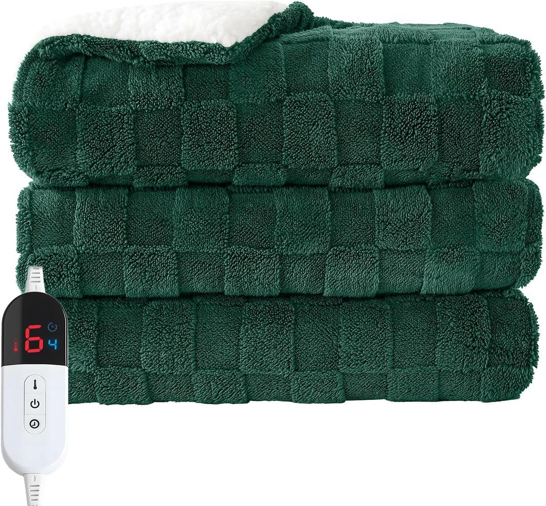 Electric Heated Throw Blanket - Jacquard Checkered Sherpa 50"x60" Fast Heating Bed Blankets with 6 Heating Levels & 4 Hours Auto Off, Over-Heat Protection ETL, Dark Green
