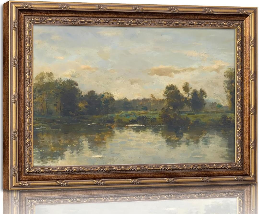 Vintage Gold Framed Landscape Wall Art Vintage River Painting Canvas Prints Landscape Wall Decor Countryside Painting Style Poster Print Artwork for Living Room Bedroom Home Decoration