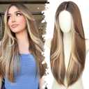Eawwii Ombre Light Brown With Blonde Glueless Wigs for Women Pre Cut Synthetic Lace Hairline Long Layered Straight Hairstyle 26 Inch