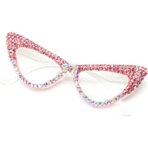ICARA Sparkling Crystal Rhinestone Cat Eye Reading Glasses for Women Anti Blue Light Trendy Diamond Reader (Pink/Ab)