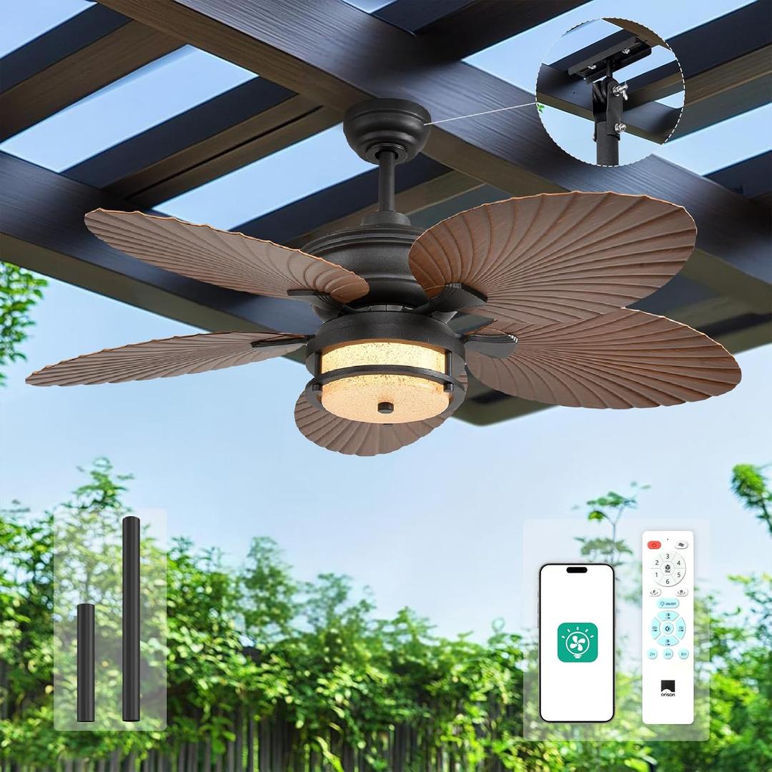 Orison 52'' Outdoor Ceiling Fan with Lights, Tropical Palm Leaf Fan, Wet Rated for Patio, Porch & Gazebo, Dimmable LED, 6-Speed, Remote & App Control, Plug-in/Flush Mount, Bronze