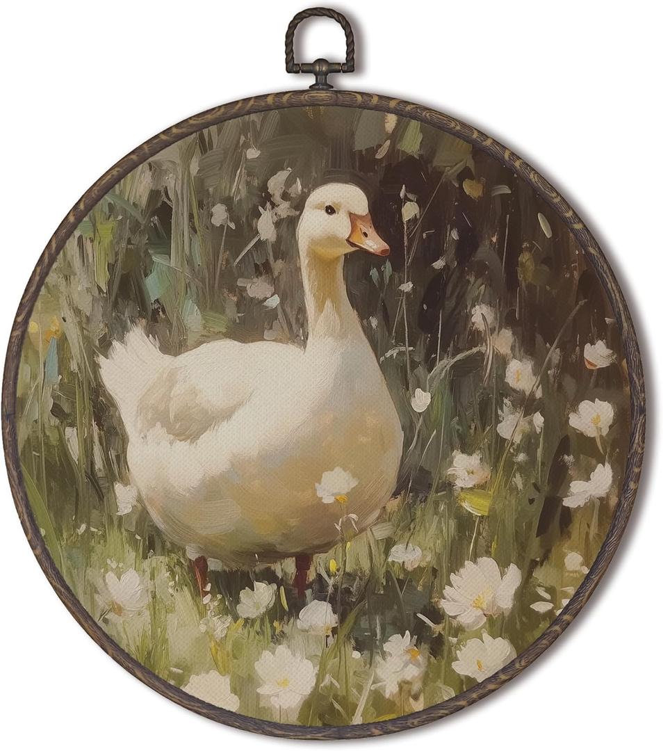 XNXLDYLH Rustic Goose Duck Nursery Round Framed Wall Art Decor, Vintage Goose Cottagecore Bathroom Hanging Wall Decor Decorations, Modern Farmhouse Canvas Prints Wall Art Pictures Paintings, 10x10Inch