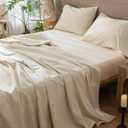 MooMee Flat Top Sheet Only 100% Washed Cotton Linen Like Textured Breathable Durable Soft Comfy (Almond Milk Grey, Queen)