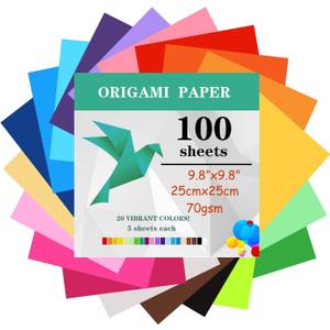 100 Sheets Origami Paper, 25x25 cm/10 Inch Origami Paper Double Sided(70gsm), 20 Colors Large Origami Paper Squares for Kids DIY School Arts Crafts Projects Children Adults