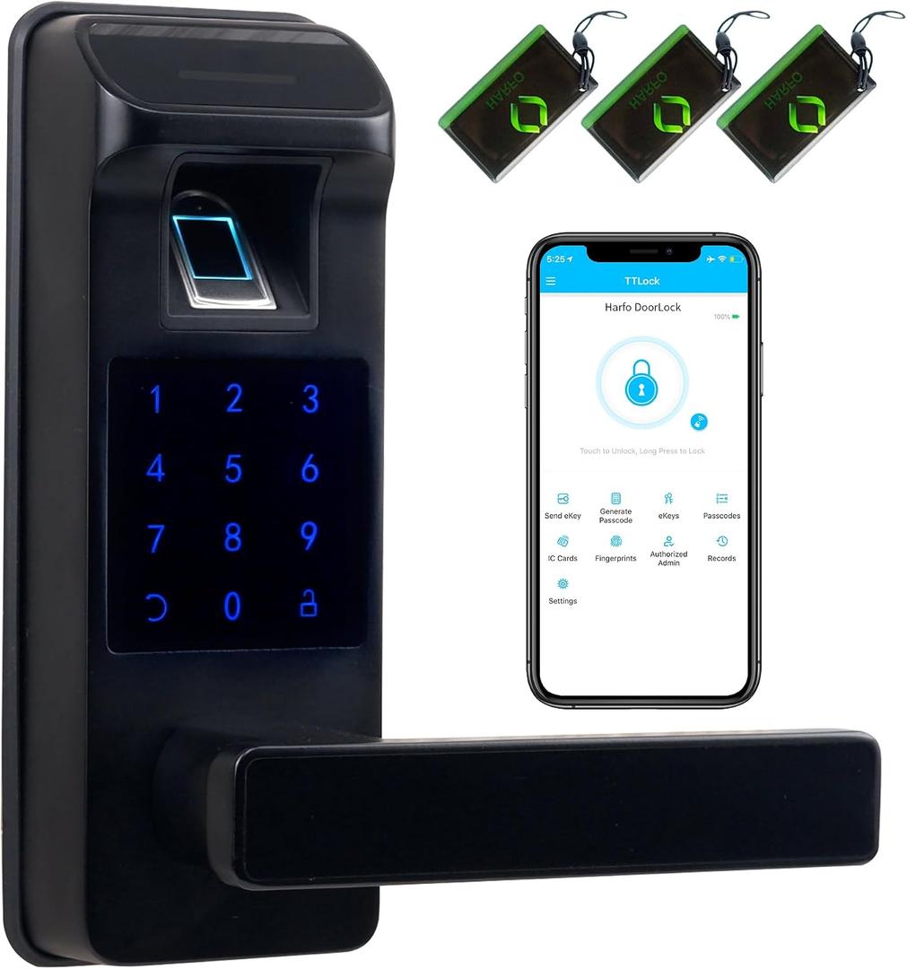 Smart Door Lock, Heavy Duty 5 in 1 Keyless Entry Door Lock, Full App Control Digital Keypad Lock, Reversible Handle with Fingerprints and Passcodes for Family/Office/Apartment (Black)