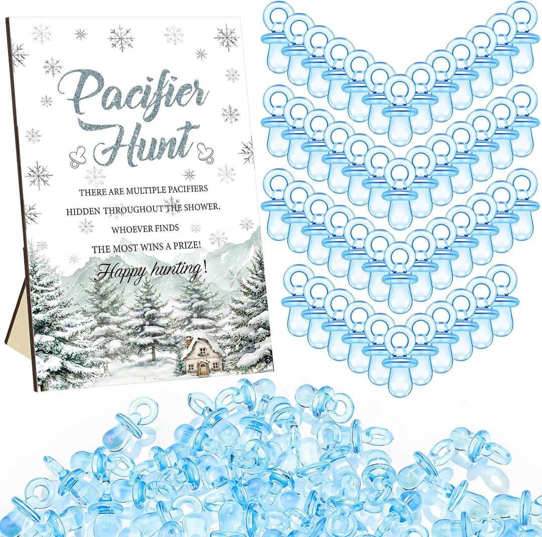 Thyle 51 Pcs Baby Its Cold Outside Baby Shower Games a Little Snowflake Is on The Way Decorations Pacifier Hunt Sign and 50 Acrylic Pacifiers Winter Snowflake Gender Reveal Party Favors Guest Supply