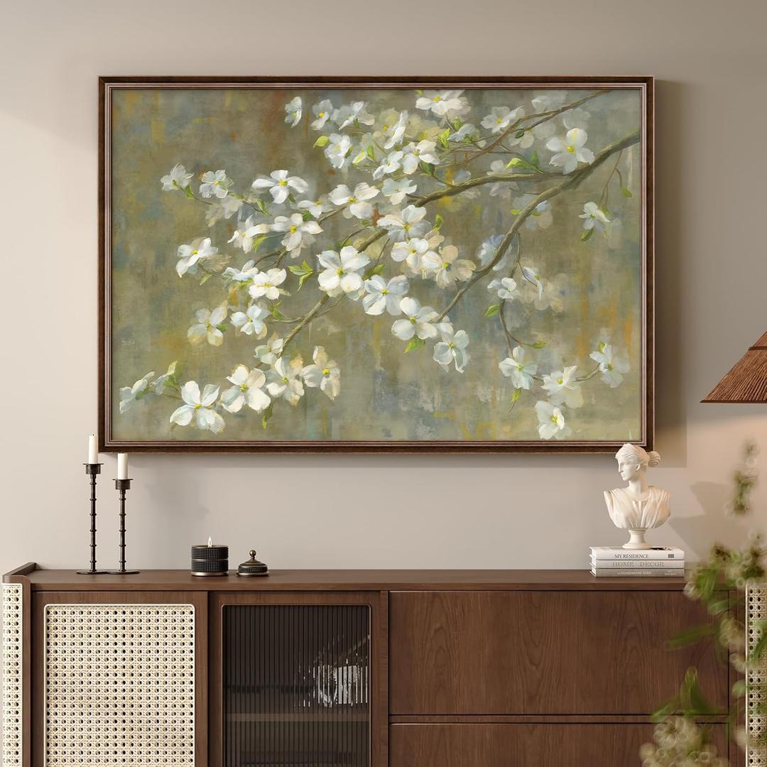 Framed Vintage Floral Wall Art, Green White Neutral Farmhouse Botanical Canvas Painting Prints Artwork for Walls, Rustic Retro Flower Picture for Living Room Bedroom Kitchen Hallway Wall Decor, 24x36