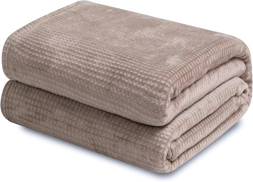 Fleece Twin Blanket for Couch and Bed, 60x80 Inches Soft Cozy 3D Decorative Jacquard Flannel Blankets, Lightweight Fuzzy Warm Throws for Sofa, All Seasons,Light Taupe - Waffle