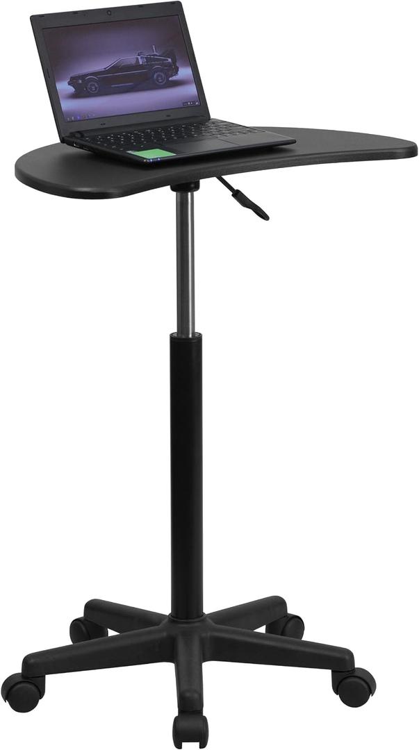 Flash Furniture Eve Sit to Stand Mobile Laptop Desk/Speaker's Lectern with Wheels, Modern Height-Adjustable Portable Standing Computer Desk, Black, Set of 1