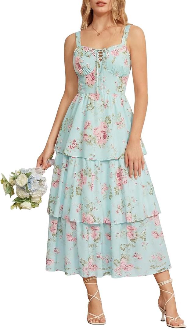 Scarlet Darkness Milkmaid Corset Dress for Women Summer Wedding Guest Dresses Cocktail Floral Sundress with Pockets (6, Blue Pink Floral)