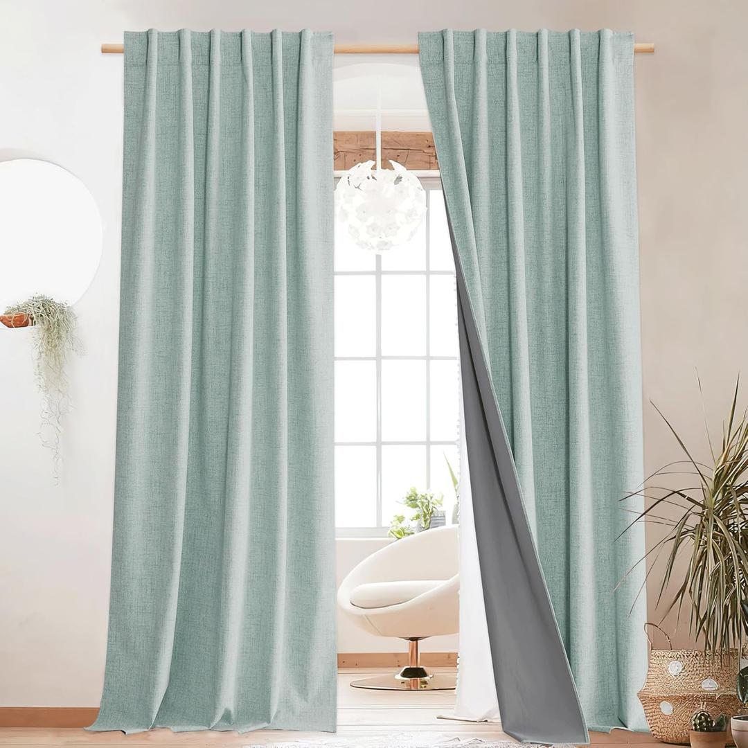 NICETOWN 100% Blackout Seafoam Green Linen Curtains 90" Length with Thermal Insulated Liners, Farmhouse Style Room Cooling Small Window Draperies for Dining Room (2 Panels, 52" W)