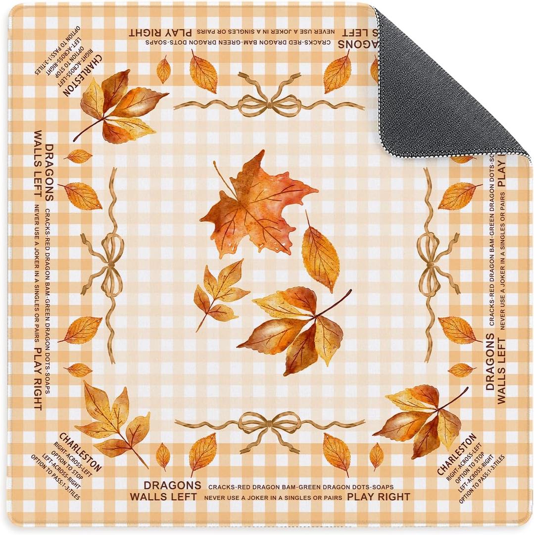 Orange Fall Leaves American Mahjong Mat 31.5x31.5 Inch, Striped Non-Slip and Noise Reduction Mah Jong Table Mat Cover Gifts for Mahjong Lovers Poker Board Games Dominoes