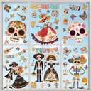 5 x Dia de Los Muertos Decorations, Day of The Dead Window Clings, Halloween Window Stickers, Mexican Fiesta Party Decor, Sugar Skull Skeleton Musical Decals, 9 Sheets