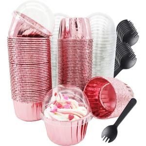 Cupcake Liners with Dome Lids 100Pack,Free-Air 3.5Oz Mini Foil Baking Cups Muffin Liners,Disposable Muffin Tin Cupcake Cups for Individual Bakery Wedding Birthday Party, with Spoons-Rose gold