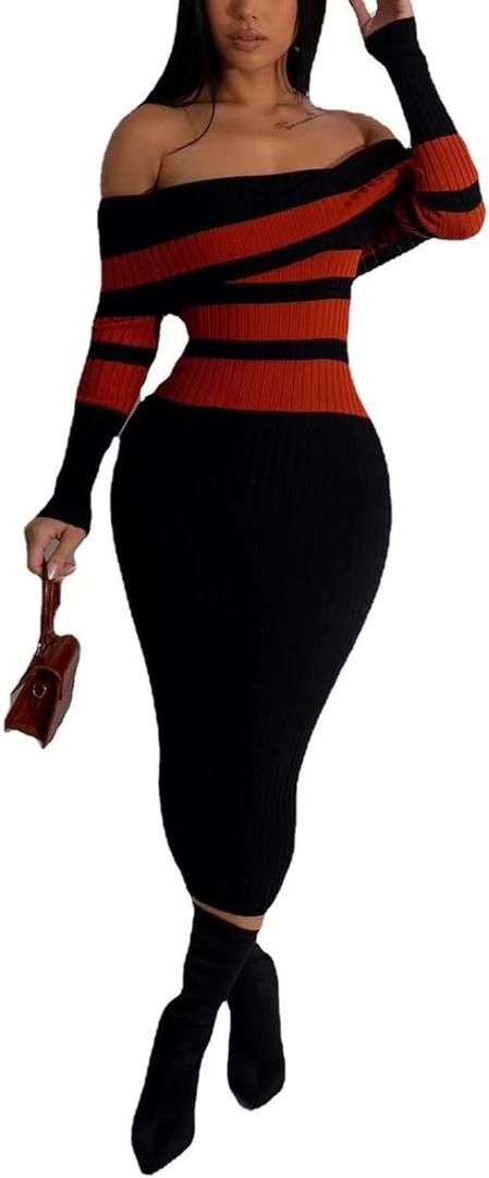 Women's Casual Sexy Off Shoulder Slim Knitted Long Sleeved Striped Maxi Party Dresses (S)
