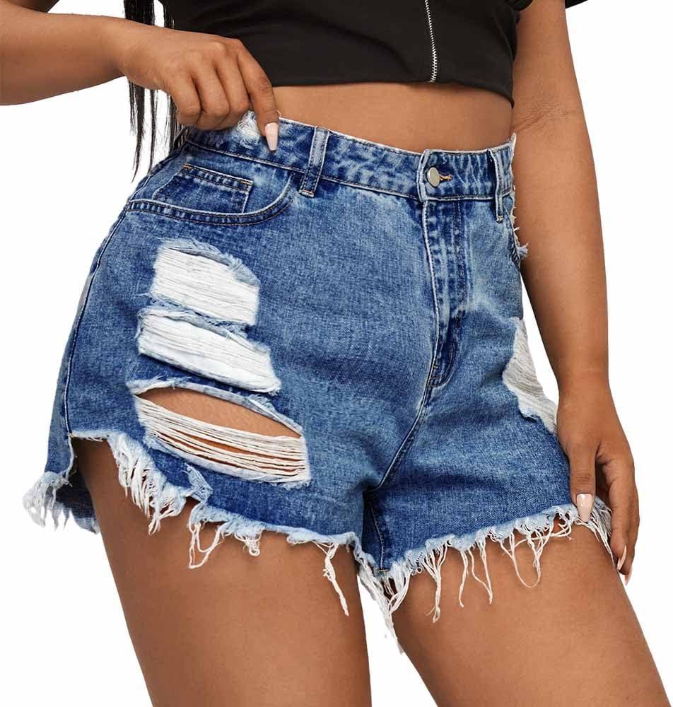MapleHub Plus Size Denim Shorts Women High Waisted Ripped Folded Hem Jean Shorts (Blue)