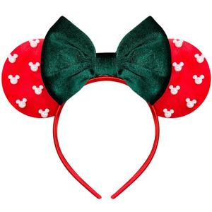 Trnerm Red & Velvet Green Fuzzy Mouse Ears Headband for Women, Cute Beads Headband with Bows, Christmas Hair Accessoires