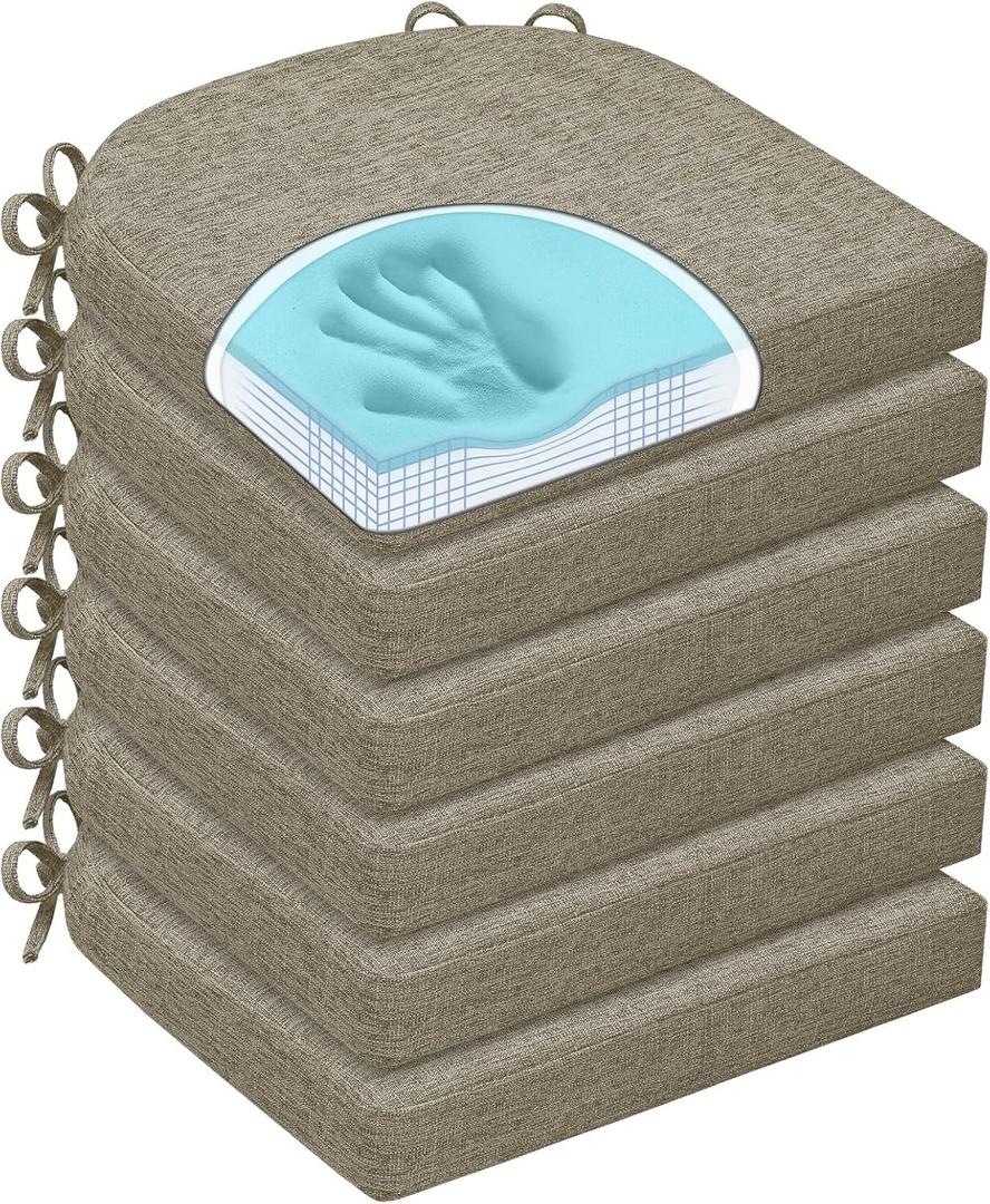 Chair Cushions for Dining Chairs, Non Slip Chair Pads with Ties and Washable Covers, Memory Foam Kitchen Chair Cushions Set of 6, 16"X16"X2.5", Khaki