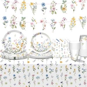 Wildflower Party Supplies Spring Floral Party Supplies Tableware with Wildflower Plates Napkins Cups Tablecloth Banner for Girls First Birthday Floral Baby Shower Birthday Decorations, Serve 24