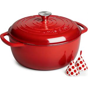 Umite Chef 6QT Enameled Cast Iron Dutch Oven with Lid, Versatile Heavy-Duty Cookware Pot for Baking Bread, Braising, Soups & Stews, Oven & Stovetop Safe with Heat Resistant GlovesRed