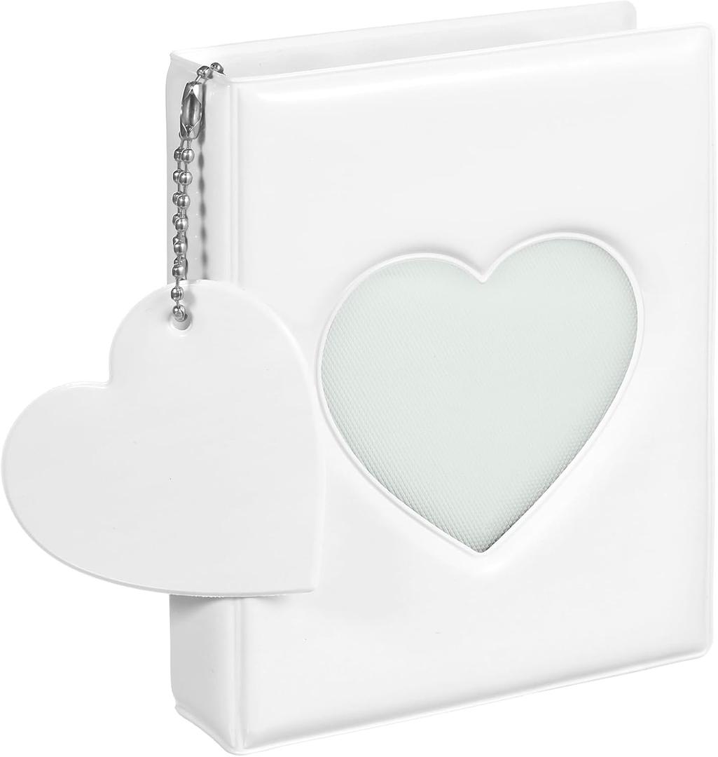 Photocard Book, 3 Inch White Photocard Book Mini Photo Album Heart Hollow Card Binder with 32 Pockets and Pendant