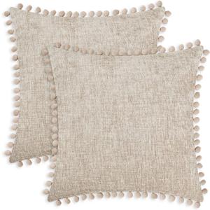 CaliTime Throw Pillow Covers Decorative 22 X 22 Inches Pack of 2 Cozy Solid Dyed Soft Chenille Cushion Cases with Pom Poms for Couch Sofa Bed Living Room Home Taupe