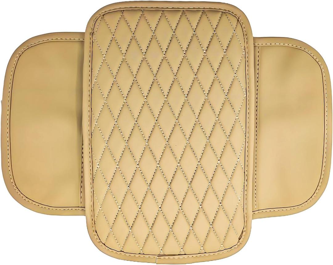 Center Console Cover, Arm Rest Cover for Car,Leather Surface with Dual Storage Pockets, Comfortable and Durable, Easy to Install, Suitable for Most Cars, Trucks, SUVs (Khaki)