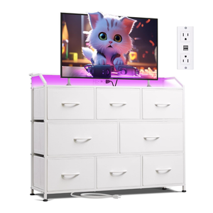 Led Dresser for Bedroom, White Dresser TV Stand for Bedroom with LED Lights and Power Outlet, Wide Chest of Drawers for Hallway, 8 Fabric Drawers for Living Room and Entryway, Easy to Assemble