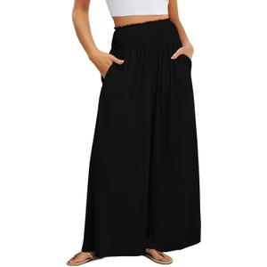 KISSMODA Women Palazzo Pants Summer Boho Bagyy Wide Leg High Smocked Waist Flowy Beach Casual Trousers with Pockets (Small, A All Black)