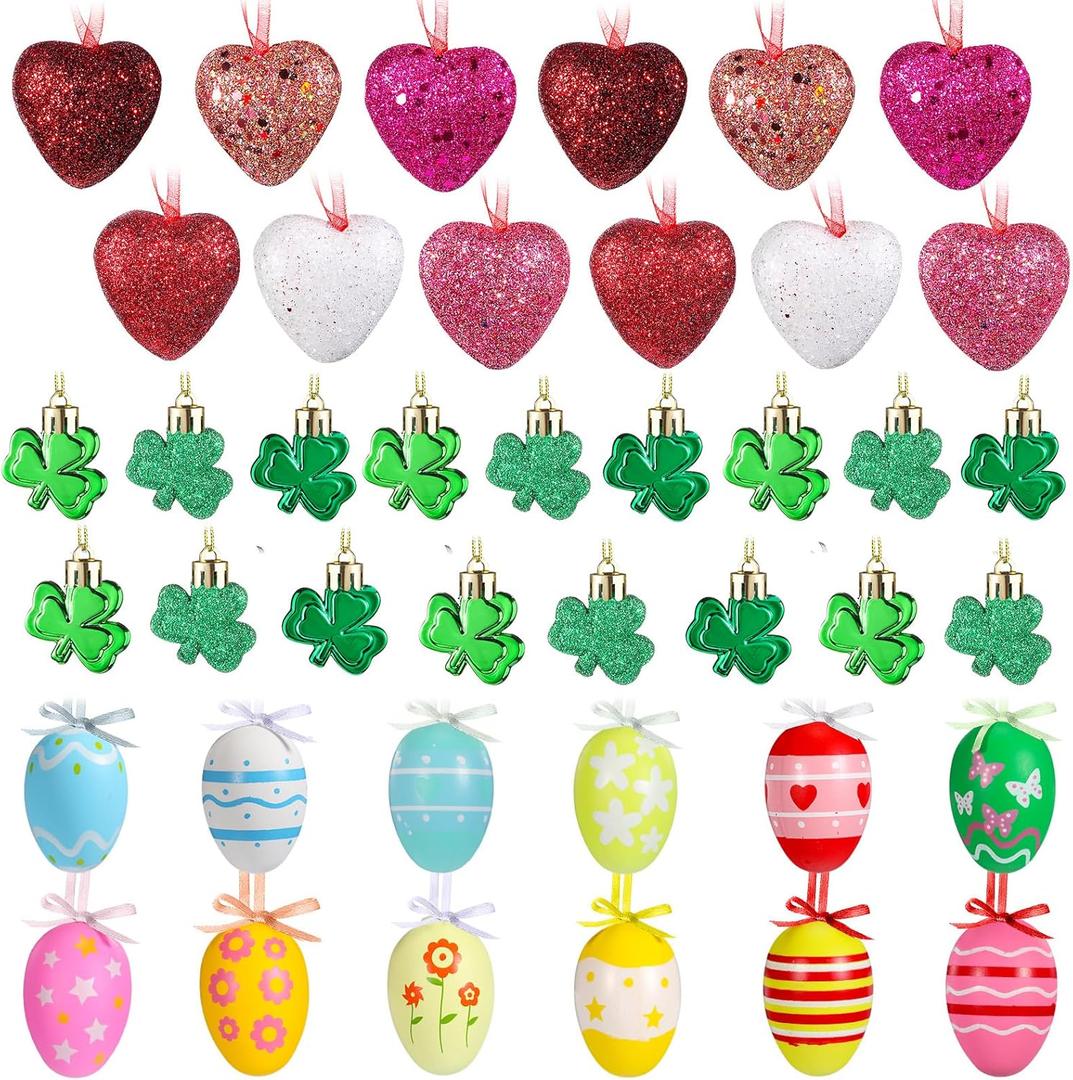 Jutom 54 Pcs Easter Ornaments for Tree Hanging Easter Egg Shamrock Clover Heart Ornaments Decorations for Small Tree St. Patrick's Day Home Holiday Party (Classic Style)