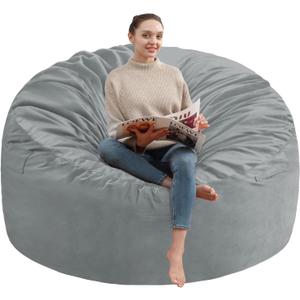 SIMFLAG 5FT Bean Bag Chair, Large Bean Bag Chairs with Memory Foam Filled, Fluffy Beanbag Sofa with Dutch Velvet Cover, Round BeanBag Chairs for Living Room, Playroom - Light Grey (5FT- 50"x50"x24")