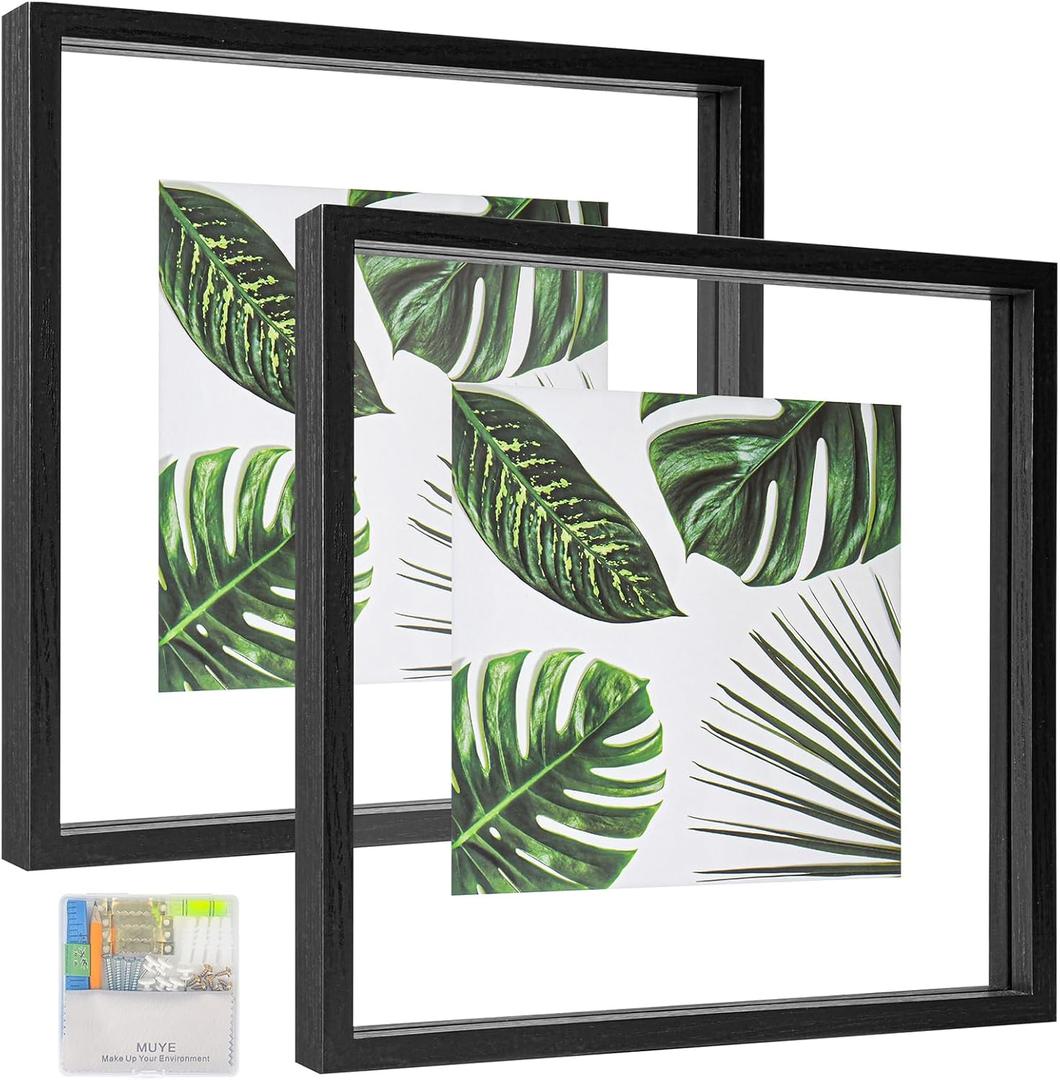 MUYE 12x12 Floating Frames Set of 2,Double Glass Picture Frame Display Any Size Photo up to 12x12,Wall Mount or Tabletop Standing,Black