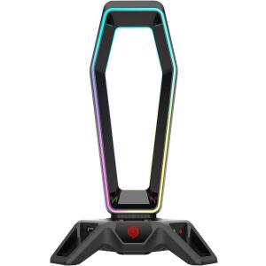 Headset Stand Headphone Holder for Desk Xbox PS5 PC Gaming Accessories, RGB Lighting USB Hub Virtual 7.1 Sound Card 3 Pre-Programmed EQ Modes,Black